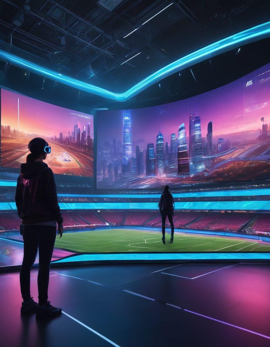 A futuristic sports arena with holographic screens displaying live statistics, interactive graphics, and real-time analysis. Capture a diverse group of fans engaged with virtual reality headsets, experiencing the game from different perspectives. Include dynamic elements like players in action, digital scoreboards, and augmented reality features. The background should showcase a vibrant city skyline at dusk, symbolizing innovation. futuristic, vibrant colors, cyberpunk.