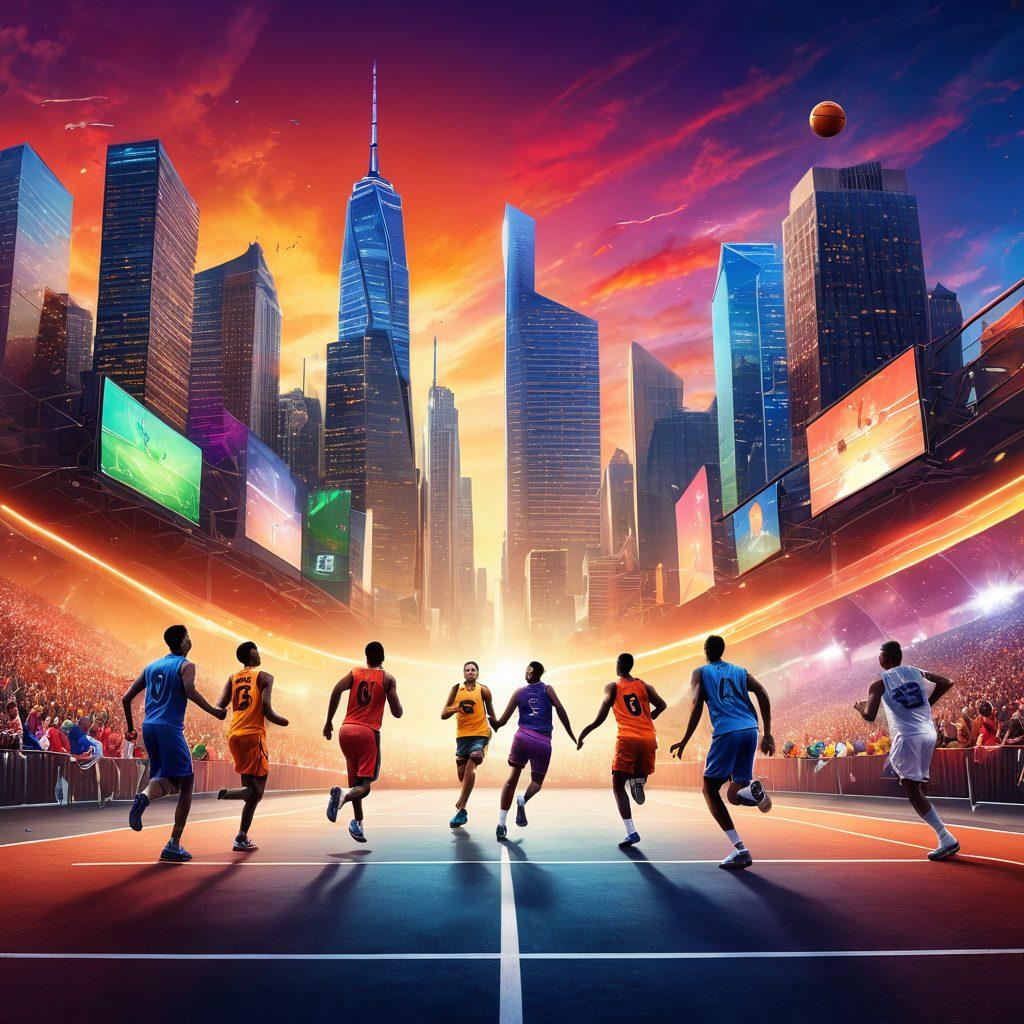 A dynamic scene featuring diverse athletes in action, showcasing various sports like basketball, soccer, and tennis, set against a vibrant city skyline. The image should convey energy and excitement, with digital elements like live scoreboards and streaming icons integrated into the environment, illustrating on-demand sports entertainment. Include colorful abstract shapes to enhance the sense of movement and modernity. super-realistic. vibrant colors. digital art.