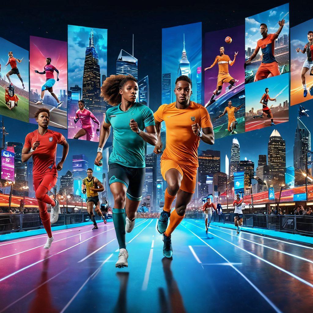 A dynamic collage featuring athletes from various sports engaged in action, seamlessly transitioning into a futuristic entertainment screen displaying live-streaming icons. Show vibrant holographic elements indicating premium streaming services and an audience watching in awe. Incorporate a modern city skyline in the background to symbolize technology and progress. super-realistic. vibrant colors. 3D.
